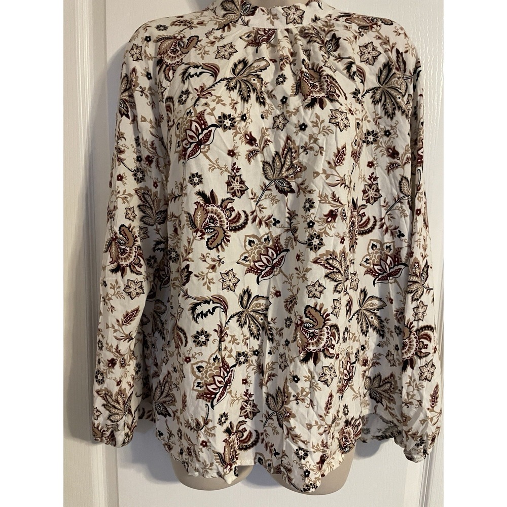 C&C California Blouse Womens XL Cream Floral Excellent Mock Neck‎ Long Sleeve